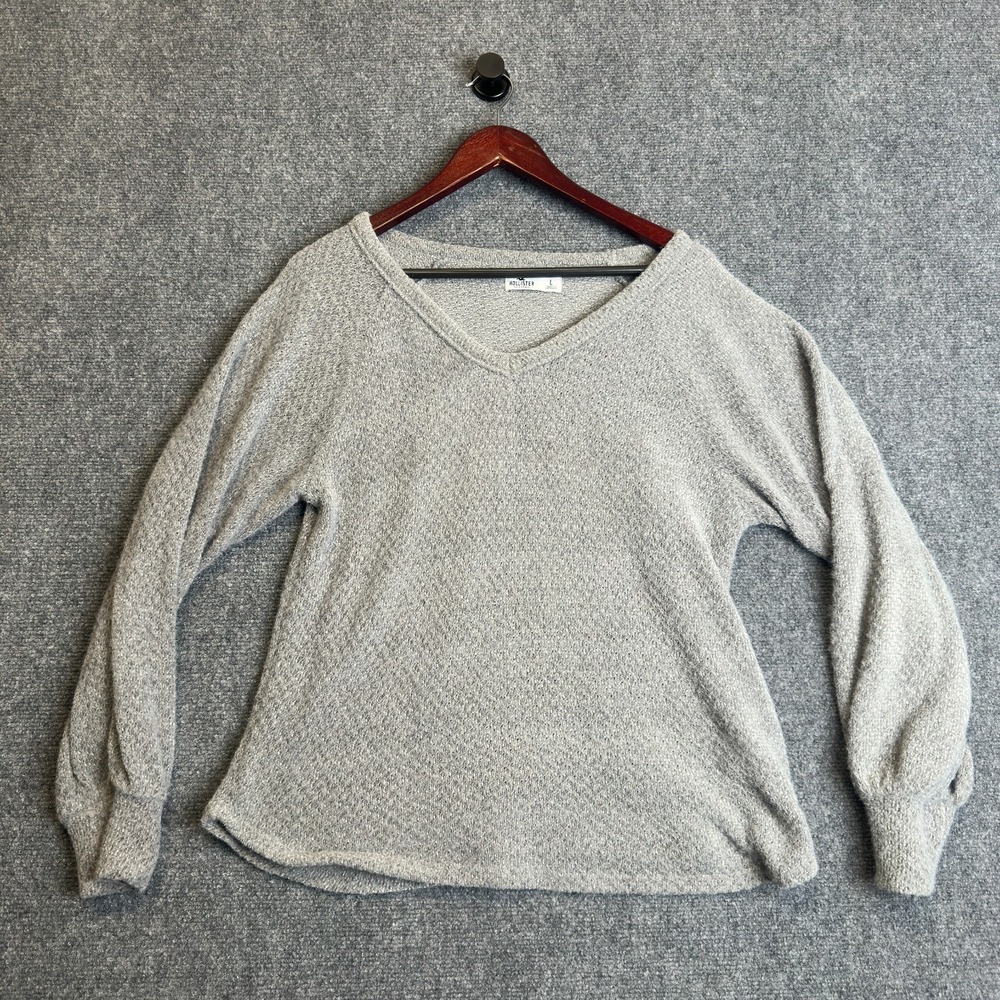Hollister Sweater Womens L Gray V Neck Ballon Sleeve Knit Relaxed Fit Everyday